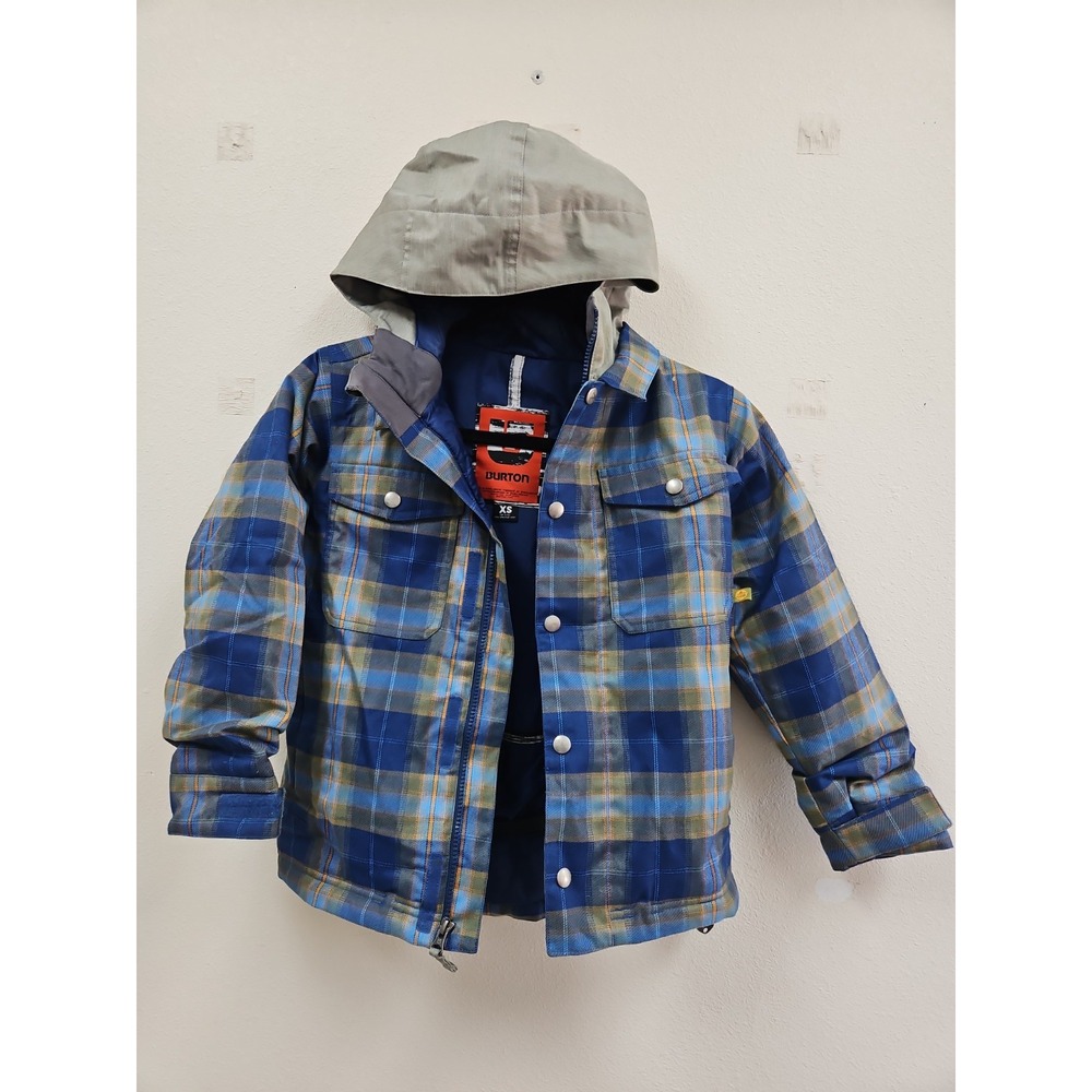 Burton Dryride Kids Snowboard Jacket XS Blue Plaid Insulated Hooded Outerwear